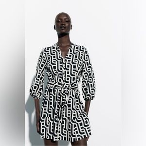 Zara Geo Black and White Tied Waist Mini Dress